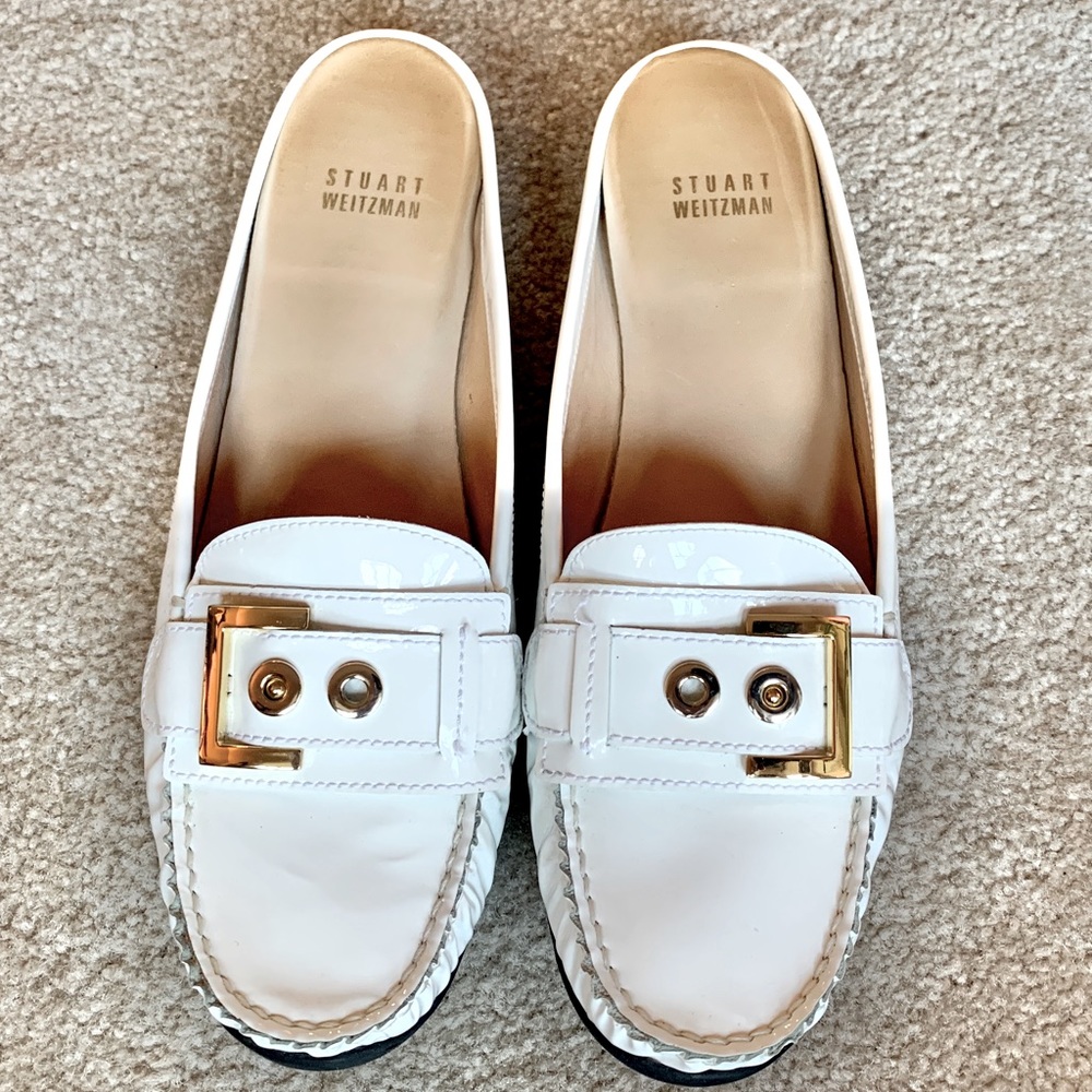 Stuart Weitzman White Patent Leather Loafers with Gold Buckles